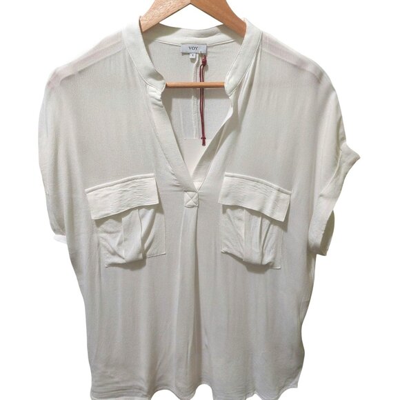 NWT Voy White Rayon Short Sleeve Blouse With Pockets & Mandarin Collar~SMALL - Picture 1 of 8